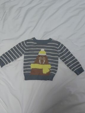 Play by Little Sleepies Gray Striped Kids Sweater with Walrus Graphic
